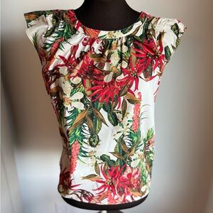 Talbots Cap Sleeve Blouse with Red & Green Botanical Print